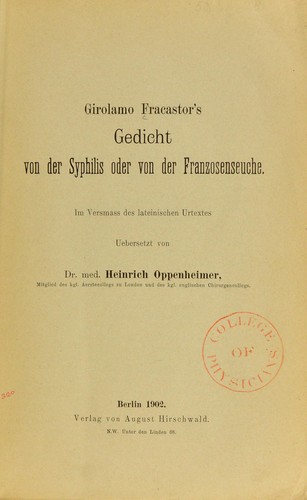 Cover for Girolamo Fracastor's Gedicht von der Syphilis oder von der Franzosenseuche