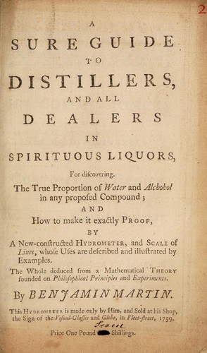 Cover for A sure guide to distillers, and all dealers in spiritous liquors, for discovering the true proportion of water and alchohol [sic] in any ... compound; and how to make it exactly proof, by a new-constructed hydrometer