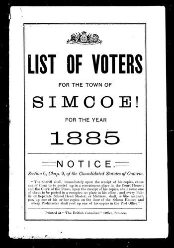 Cover for List of voters for the town of Simcoe! for the year 1885