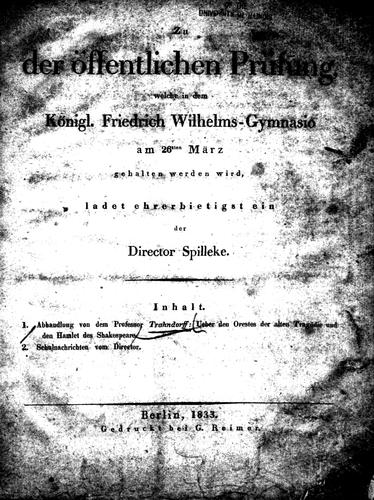 Cover for Ueber den Orestes der alten tragödie und den Hamlet des Shakespeare