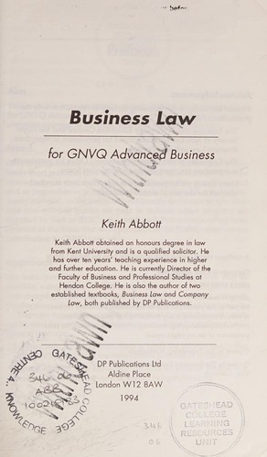 Cover for Business Law for GNVQ Advanced Business (GNVQ)