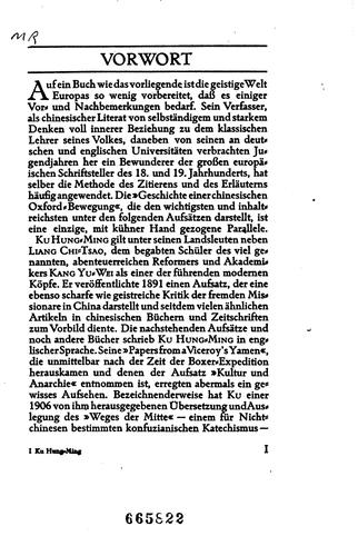 Cover for Ku hung-ming: Chinas Verteidigung gegen Europäische Ideen; kritische Aufsätze...