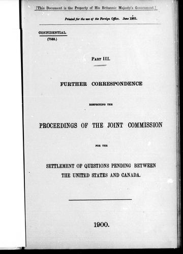 Cover for Further correspondence respecting the proceedings of the joint commission for the settlement of questions pending between the United States and Canada