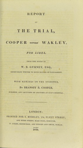 Cover for Report of the trial, Cooper versus Wakley, for libel
