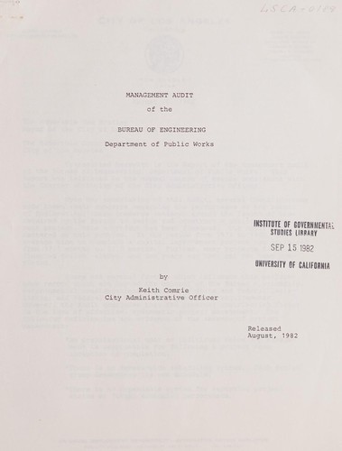 Cover for Management audit of the Bureau of Engineering, Department of Public Works