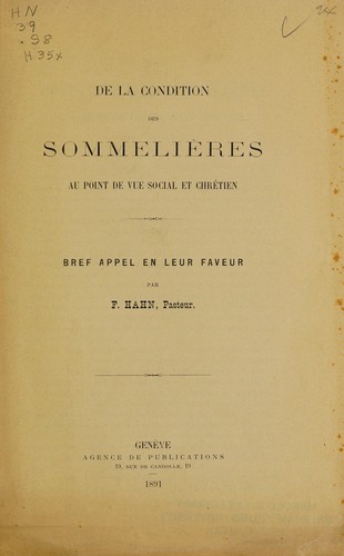 Cover for De la condition des sommelières au point de vue social et chrétien