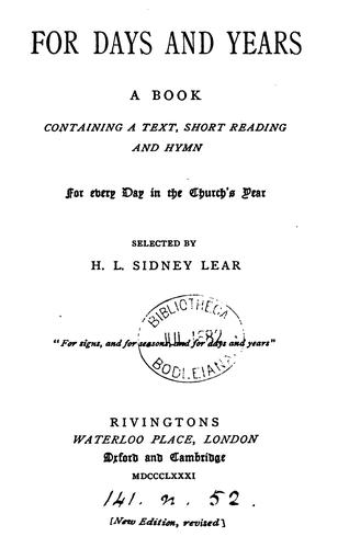 Cover for For days and years, a text, short reading and hymn for every day in the Church's year, selected ...