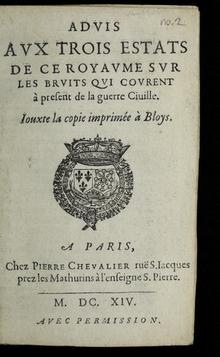 Cover for Aduis aux trois Estats de ce royaume sur les bruits qui courent a   present de la guerre ciuille