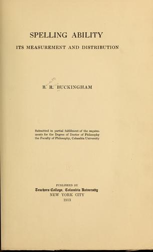 Cover for Spelling ability, its measurement and distribution