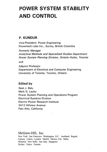 Cover for Power system stability and control