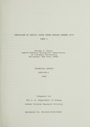Cover for Variation of Arctic cloud cover during summer 1979
