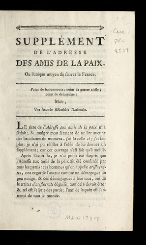 Cover for Supple ment de l'Adresse aux amis de la paix