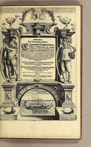 Cover for Fünfter Theil der Orientalischen Indien, eygentlicher Bericht vnd warhafftige Beschreibung der gantzen volkommenen Reyse oder Schiffart, so die Holländer mit acht Schiffen in die Orientalische Indien, sonderlich aber in die Javanische vnd Molukische Inseln, als Bantam, Banda, vnd Ternate, &c. gethan haben, welche von Amsterdam abgefahren im Jahr 1598. vnd zum Theil Anno 1599. zum Theil aber in Jüngst abgelauffenen 1600. Jahr