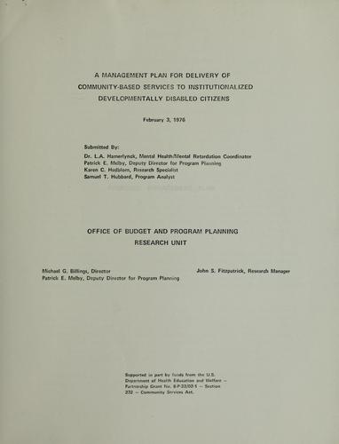 Cover for Management plan for delivery of community-based services to institutionalized developmentally disabled citizens