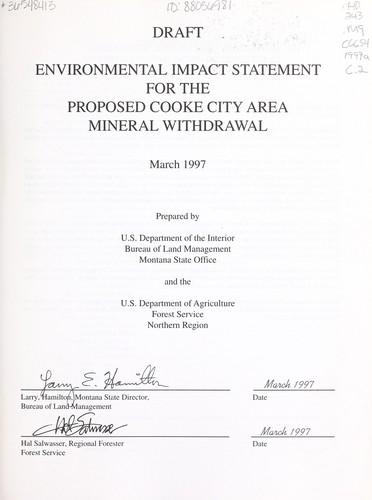 Cover for Draft environmental impact statement for the proposed Cooke City area mineral withdrawal