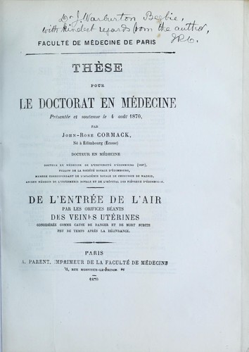 Cover for De l'entrée de l'air par les orifices béantes des veines utérines ...