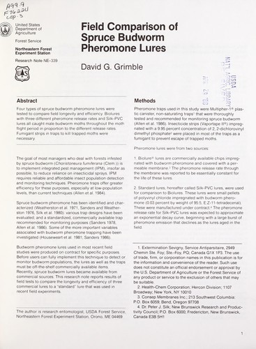 Cover for Field comparison of spruce budworm pheromone lures