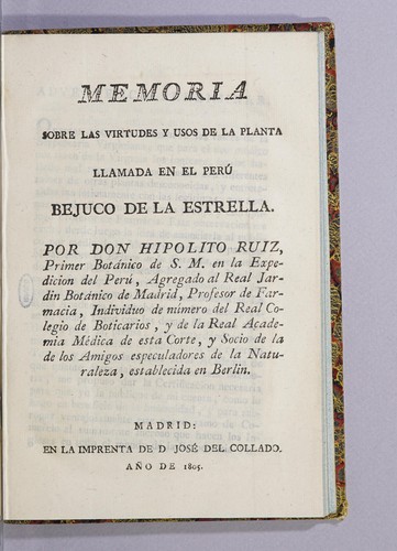 Cover for Memoria sobre las virtudes y usos de la planta llamada en el Perú bejuco de la estrella