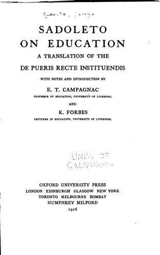 Cover for Sadoleto on Education: A Translation of the De Pueris Recte Instituendis