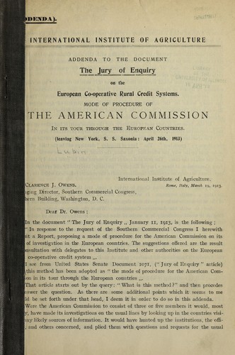 Cover for Addenda to the document The jury of enquiry on the European co-operative rural credit systems