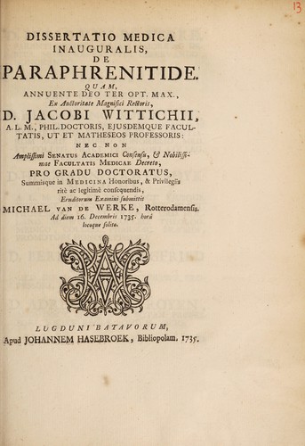 Cover for Dissertatio medica inauguralis, de paraphrenitide ...