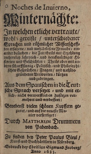 Cover for Noches de Inuierno [by Antonio de Eslava], Winternächte ... Aus dem Spanischen in die Teutsche Sprach versetzet ... vermehret und verbessert ... durch Matthæum Drummern