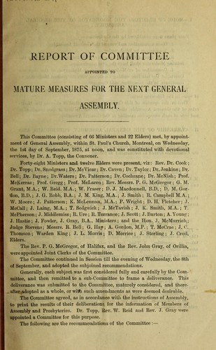 Cover for Report of committee appointed to mature measures for the next General assembly
