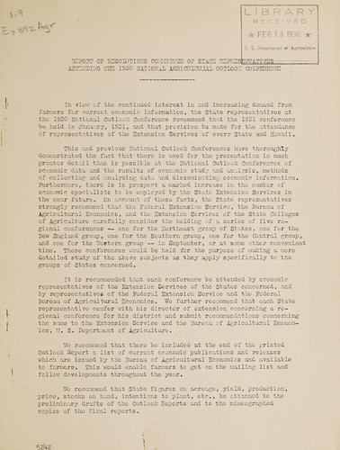 Cover for Report of Resolutions committee of state representatives attending the 1930 national agricultural outlook conference