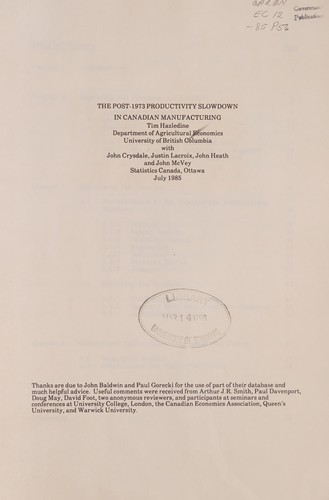 Cover for POST-1973 PRODUCTIVITY SLOWDOWN IN CANADIAN MANUFACTURING
