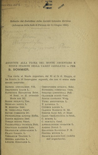 Cover for Aggiunte alla flora del monte Argentaro e nuove stazioni della Carex Grioletii