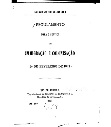 Cover for Regulamento para o serviço de immigração e colonisação, 1o de Fevereiro de 1893