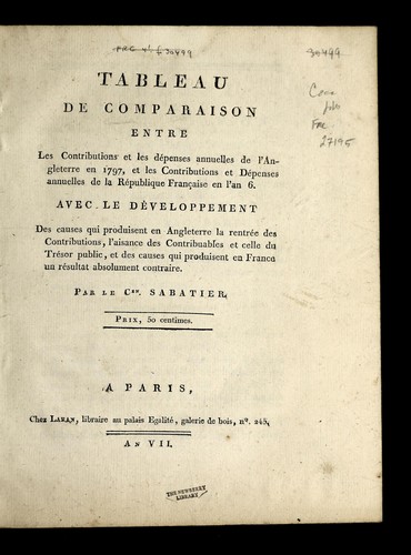 Cover for Tableau de comparaison entre les contributions et les de penses annuelles de l'Angleterre en 1797, et les contributions et de penses annuelles de la Re publique franc ʹaise en l'an 6