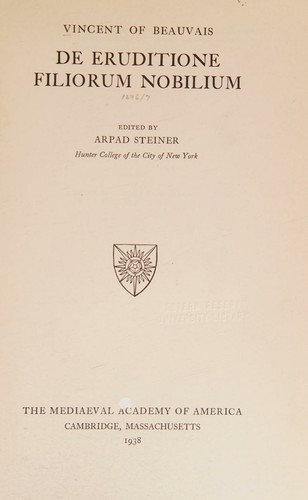 Cover for DE ERUDITIONE FILIORUM NOBILIUM. ED. ARPAD STEINER
