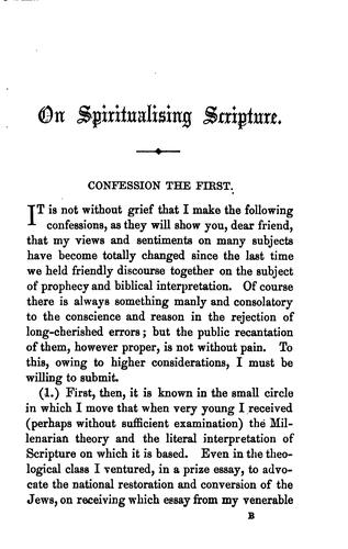 Cover for On spiritualising Scripture: the confessions of a millenarian