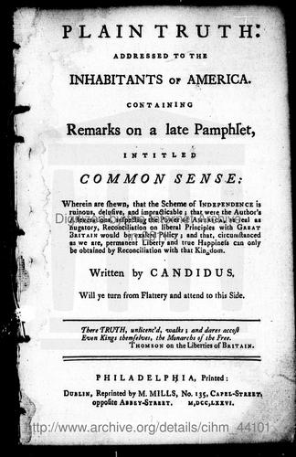Cover for Plain truth addressed to the inhabitants of America, containing remarks on a late pamphlet, intitled Common sense