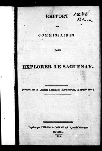 Cover for Rapport des Commissaires pour explorer le Saguenay