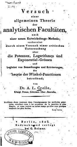 Cover for Versuch einer allgemeinen Theorie der analytischen Facultaẗen, nach einer neuen entwickelungs ...
