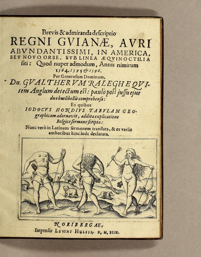 Cover for Brevis & admiranda descriptio regni Guianae, avri abundantissimi, in America, seu novo orbe, sub linea aequinoctilia siti: quod nuper admodum, annis nimirum 1564 [sic]. 1595 & 1596. Per generosium dominum Dn. Gualtherum Raleghe quitem Anglum detectum est