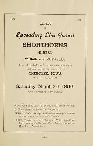 Cover for 1909-1956, catalog of Spreading Elm Farms shorthorns