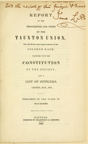 Cover for Report of the proceedings and views of the Taunton Union, for the Relief and Improvement of the Colored Race