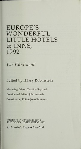 Cover for Europe's Wonderful Little Hotels and Inns, 1992: The Continent (Good Hotel Guide: Europe)