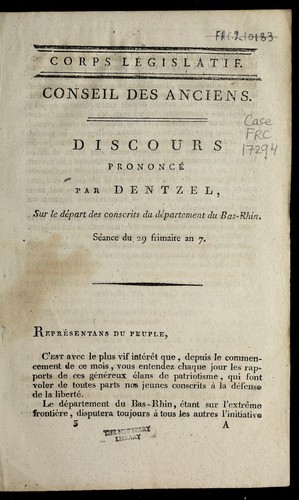 Cover for Discours prononce  par Dentzel, sur le de part des conscrits du de partement du Bas-Rhin