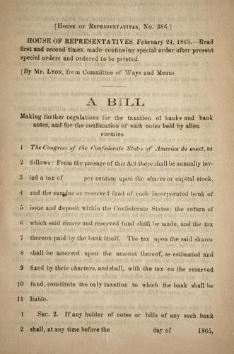 Cover for A bill making further regulations for the taxation of banks and bank notes, and for the confiscation of such notes held by alien enemies.