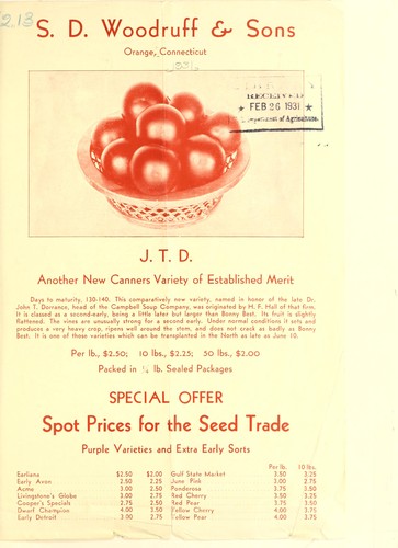 Cover for [J.T.D., "Break o' day" and Indiana Baltimore tomato varieties annoucement and seeds price list]