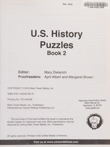 Cover for U. S. History Puzzles, Book 2, Grades 5 - 8