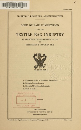 Cover for Code of fair competition for the textile bag industry