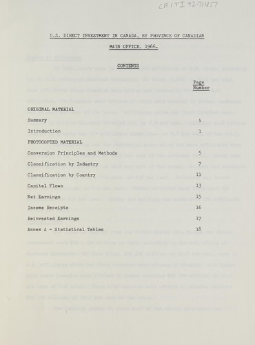 Cover for U.S. DIRECT INVESTMENT IN CANADA, BY PROVINCE OF CANADIAN MAIN OFFICE, 1966