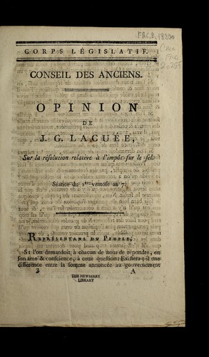 Cover for Opinion de J.G. Lacue e, sur la re solution relative a   l'impo t sur le sel