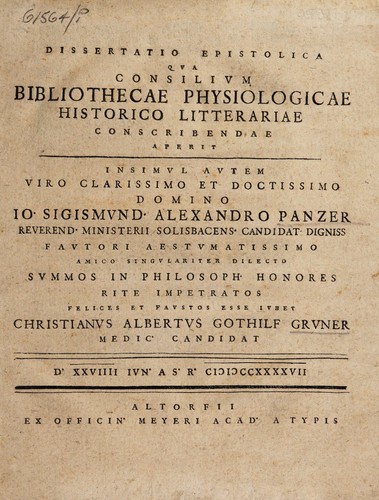 Cover for Dissertatio epistolica qua consilium bibliothecae physiologicae historico litterariae conscribendae aperit