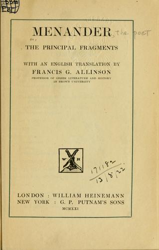 Cover for Menander, the principal fragments, with an English translation by Francis G. Allinson